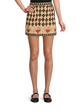 Mo Maya Mini Skirt M Brown 100% Linen Love Hurts Checks Hearts Kawaii New $175